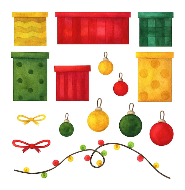 Vektor geschenkboxen bögen girlande weihnachtskugeln aus rot, grün und gelb aquarell-set von feiertagscliparts, die auf weißem hintergrund isoliert sind neujahrsdekor