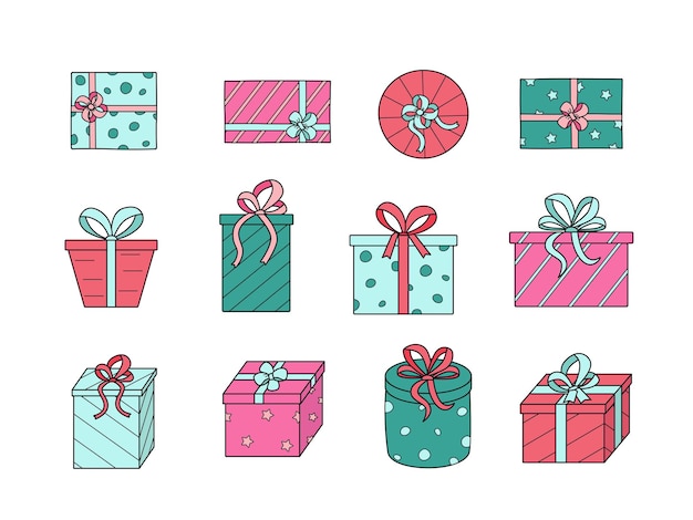 Geschenkboxen mit Schleifen Vektor-Illustration von farbigen Symbolen eines festlichen Geschenks in einem Paket, isoliert auf weiss eine Reihe von Boxen in Geschenkpapier