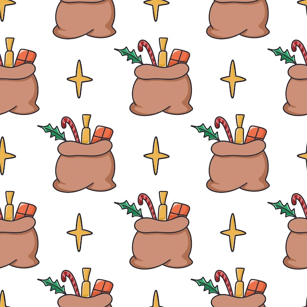 Geschenke in der tasche christmas seamless pattern vector illustration festlicher hintergrund mit geschenken und leckereien