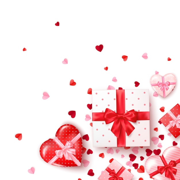 Vektor geschenke in quadratischen und herzförmigen schachteln mit seidenband und schleife. geschenk zum valentinstag dekoriert konfetti. vorlage für banner oder grußkarte.