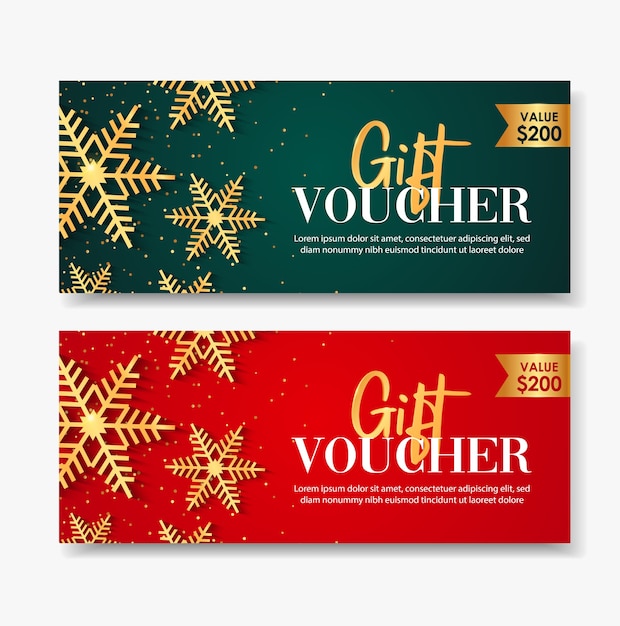 Vektor geschenkgutschein frohe weihnachten vorlage mit schneeflocken gold.