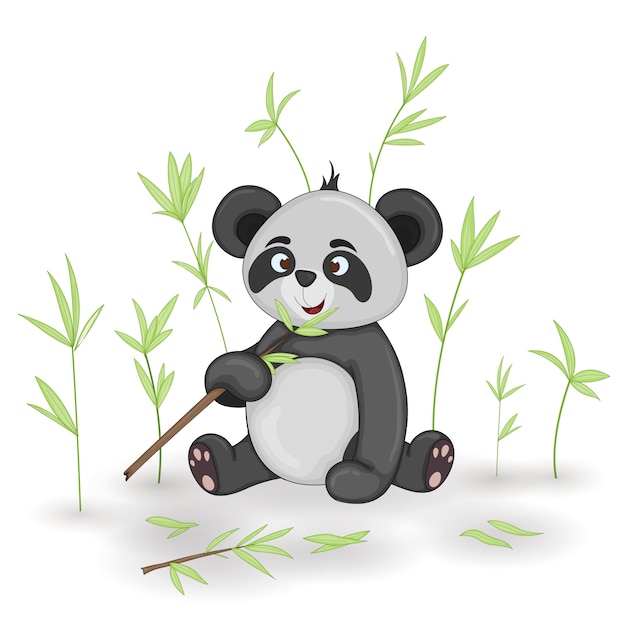 Geschenkpostkarte mit karikaturentierpanda. dekorativer blumenhintergrund mit zweigen und pflanzen.