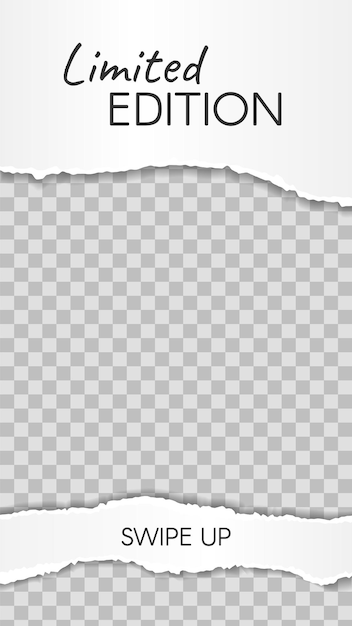 Geschichte aus zerrissenem Papier. Papierfetzen limitierte Auflage, wischen Sie die Social-Media-Story-Vorlage nach oben. Beschädigter Netzwerkrahmen für Shop oder Blogger. Layout für Werbung, Marketing-Vektor-Illustration