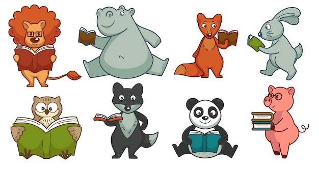 Geschichtenbücher lesen und lernen, lustige tierfiguren, die sich mit lehrbüchern wissen aneignen. schule und bildung, löwe und nashorn, hase und fuchs, panda und kleines ferkel. vektor im flachen stil