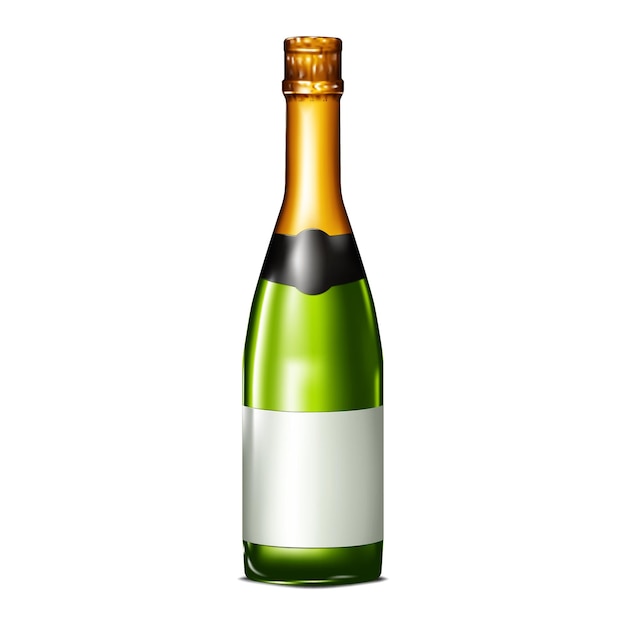 Geschlossene champagnerflasche aus grünem glas mit leerem etikett und goldfolienoberseite mockup vektorillustration