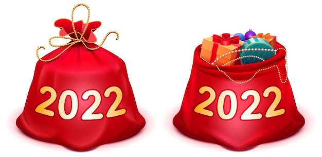 Vektor geschlossene und offene weihnachtsmann-taschen mit geschenken zu weihnachten und neujahr 2022