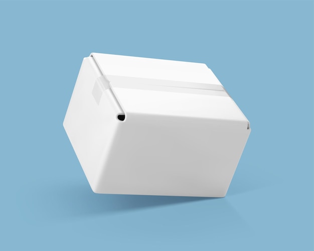Geschlossener 3D-Kartonkarton isoliert auf blauem Hintergrund. Lieferfrachtkarton. Karton oder Lieferpaket. Vektor-3D-Illustration