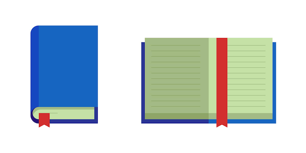 Geschlossenes offenes Buch mit blauem Deckel rotes Lesezeichen Bildung flach ve