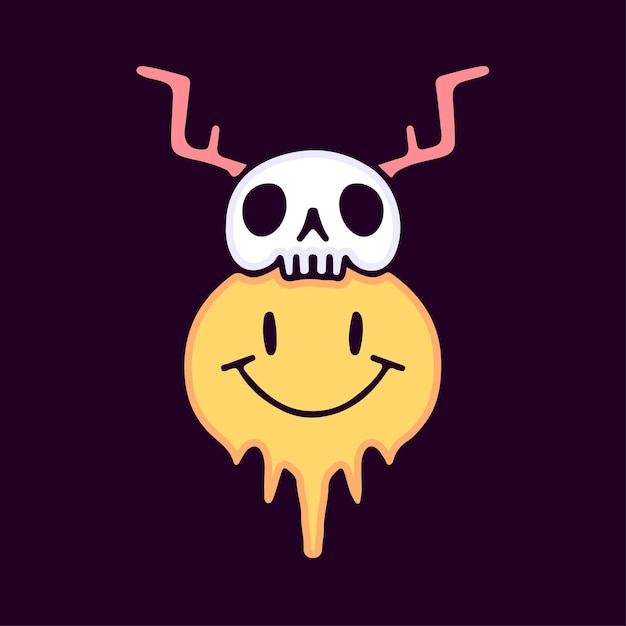 Geschmolzenes lächeln-emoji-gesicht mit wildem totenkopf-hut-cartoon, illustration für t-shirt, aufkleber.