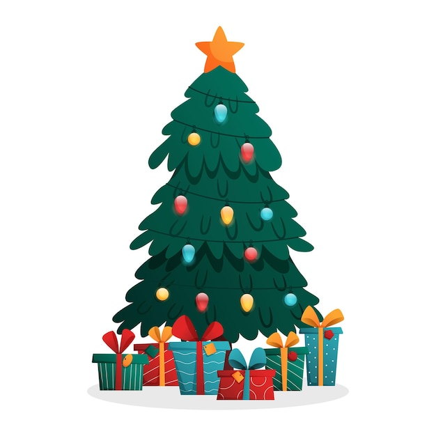Geschmückter weihnachtsbaum mit geschenkboxen sternlichter dekokugeln und lampen