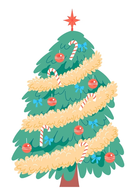 Geschmückter weihnachtsbaum. vektor, isoliert auf weißem hintergrund.