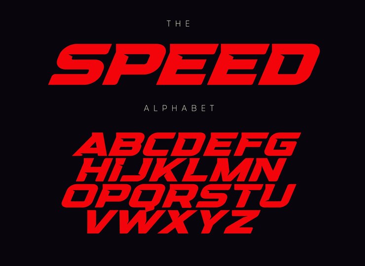 Geschwindigkeitsbuchstaben eingestellt. Rote Rennschrift. Kursiver fetter Rennstil Vektor lateinisches Alphabet. Schriftarten für Event, Promo, Logo, Banner, Monogramm und Poster. Satzdesign