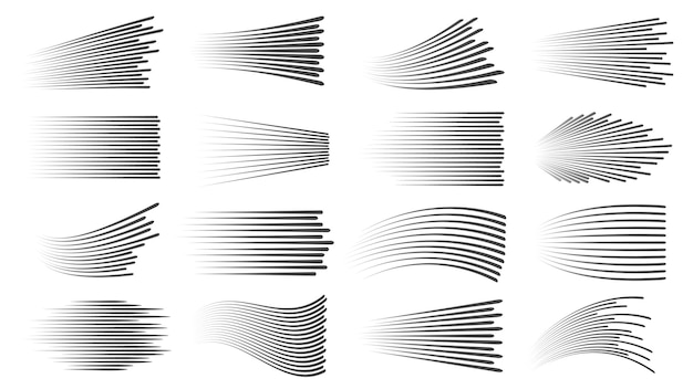 Geschwindigkeitslinien-effekt. zeitraffer-manga oder comic-linearmuster. horizontale und wellige autobewegungsstreifen oder dynamischer vektorsatz für anime-action. verschiedene wellen für buchexplosion, bewegung