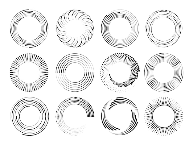 Vektor geschwindigkeitslinien kreisen um rahmen. runde wirbel und kurven, bewegungsspiralensymbole. moderne punkte, halbton-abstrakte elemente, radiales, rassiges vektor-logo-design