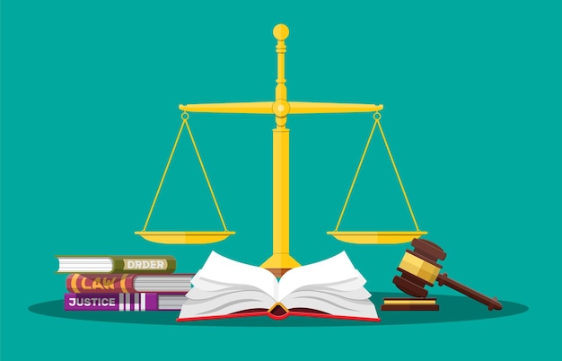 Gesetzesbücher, Justizwaagen und Richterhammer. Gesetz Urteil Strafe Ordnung Gerechtigkeit. Hammer aus Holz. Rechts- und Gesetzgebungsbehörde. Vektorillustration im flachen Stil