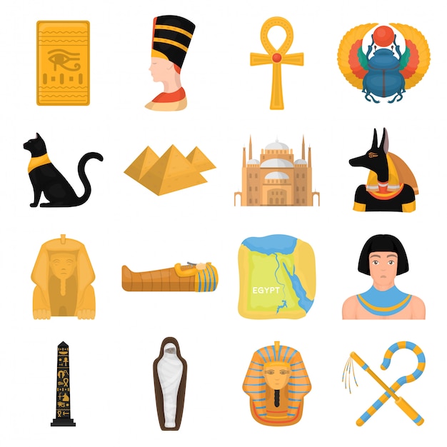 Gesetzte ikone der alten ägypten-karikatur. getrennter gesetzter ikonen-alter ägypter der karikatur. abbildung alten ägypten.