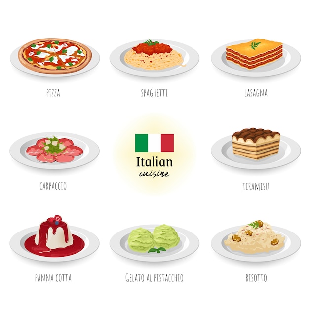Vektor gesetzte sammlung der italienischen küche in lokalisiertem weißem hintergrund. food-konzept-vektor-illustration