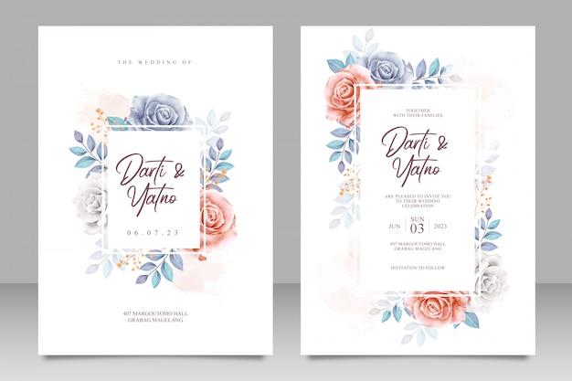 Gesetzte schablone der hochzeitseinladungskarte mit schönem blumen- und blättern