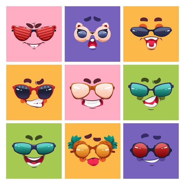 Gesicht mit brille emotion lustige cartoon-figuren mit komischen gesichtsausdrücken und sonnenbrille glücklich lächelnder nerd süßer avatar augenbrauen und lachender mund vektorsatz fröhlicher emotionen mit brillen