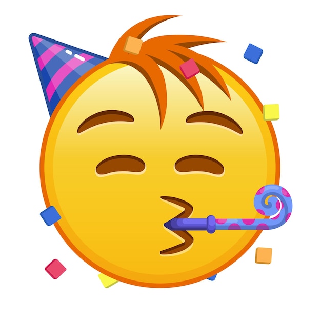 Gesicht mit festlichem Horn und Mütze Große gelbe Emoji-Lächeln mit Haaren
