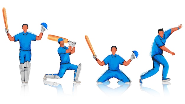 Vektor gesichtslose cricketspieler mit geräuscheffekt in verschiedenen posen.