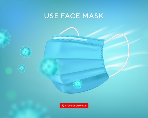 Gesichtsmaske verwenden. Virenschutzbanner. Realistische medizinische Gesichtsmaske. Chirurgische Maske gegen Keime, Virus Covid-19, Bakterien, Staub, Schleim und Speichel. Stoppen Sie die Ausbreitung von Keimen beim Niesen und Husten.