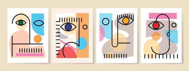 Gesichtsporträtabstraktion, geometrische Formen und Handgezeichnete Vektor-Wandkunstillustration