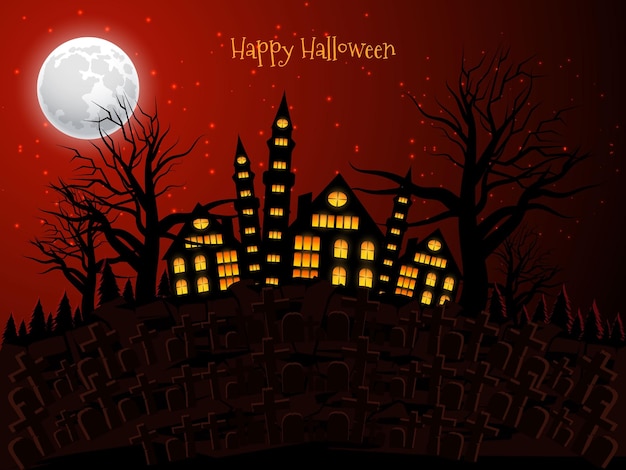 Gespenstische halloween-illustration mit buntem mondnachthintergrunddesign