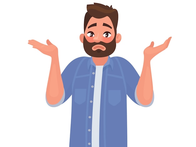 Geste oops, sorry oder ich weiß es nicht. Der Mann zuckt die Achseln und breitet die Hände aus. im Cartoon-Stil