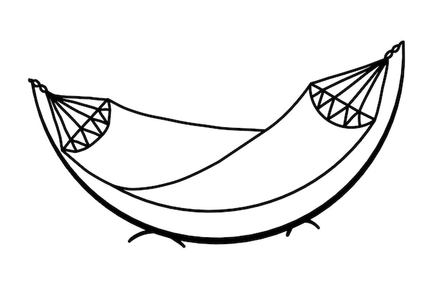 Gestreifte hängematten-campingausrüstung doodle-vektor hängemattenbett mit hängegurten für reisen im freien schaukelschlafplatz auf naturillustration isoliert auf weißem hintergrund