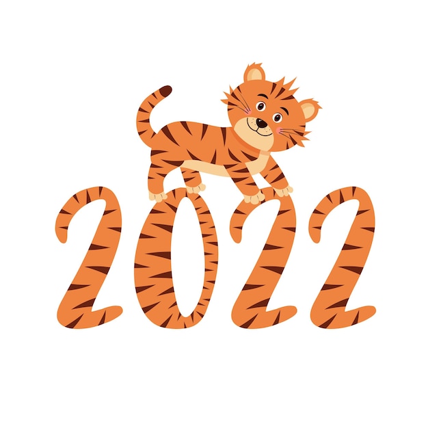 Vektor gestreifte zahlen des neuen jahres 2022 mit niedlichem gehendem tiger. neujahrsbanner.