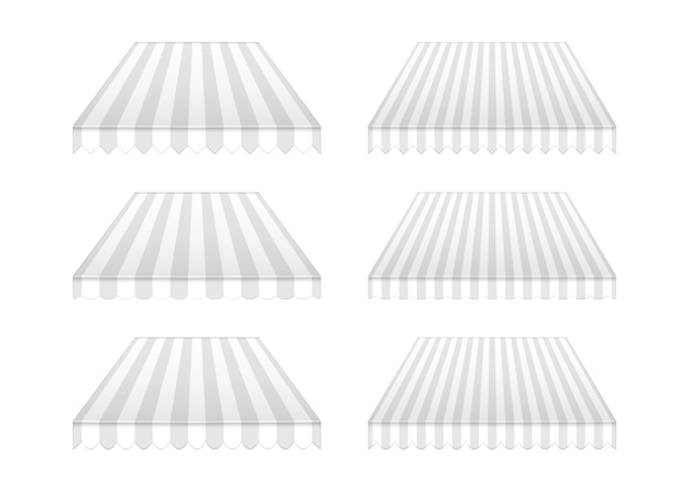 Vektor gestreiftes markisenset mockup outdoor-baldachin mit gewellter und dreieckiger kante zeltdach für gebäudefassade