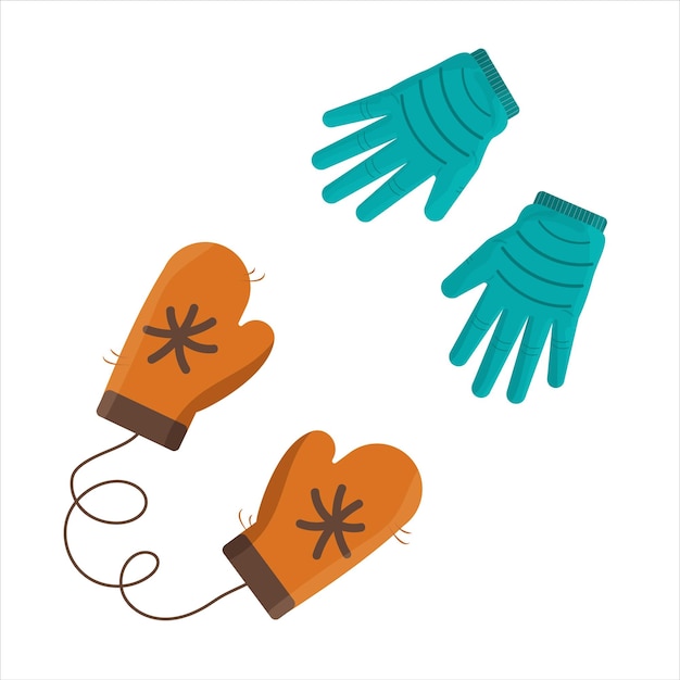 Vektor gestrickte fäustlinge und handschuhe winter herbst orange und aquamarin farbe vektor-illustration