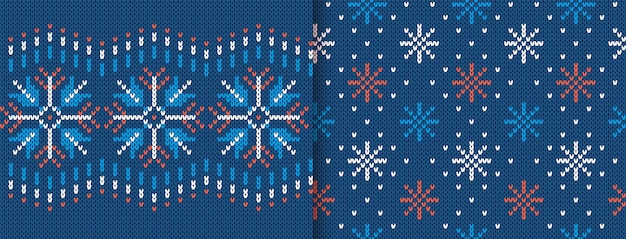 Gestrickte musterdesigns weihnachtspullover texturen mit schneeseen xmas festlicher hintergrund blauer strickdruck