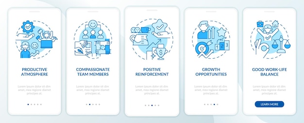 Gesunde arbeitsplatzumgebung blauer onboarding-bildschirm der mobilen app