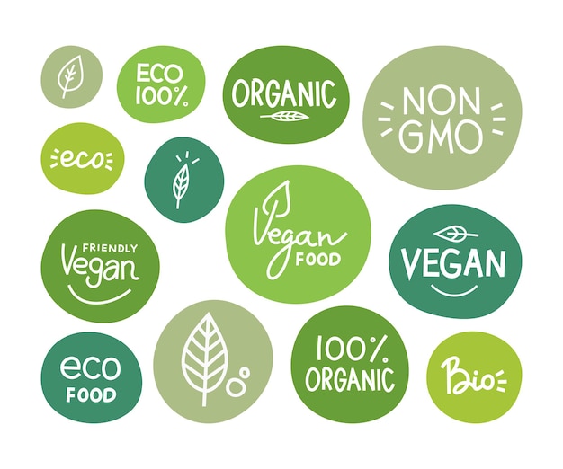 Gesunde Lebensmittelsymbole, Etiketten. Organische Tags. Naturproduktelemente. Logo für vegetarisches Restaurantmenü. Raster-Darstellung. Fettarmer Stempel. Öko-Produkt.