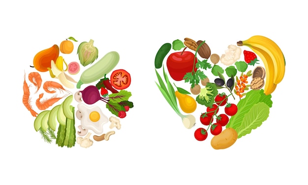 Gesunde Teller mit frischer, ausgewogener Mahlzeit mit Gemüse, Obst, Nüssen, Pilzen