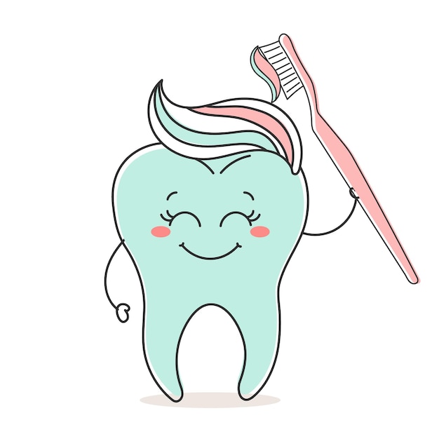 Gesunder Zahn Kawaii-Figur mit Zahnpasta und Zahnbürste niedliche Zeichentrickfigur Zahnpflege