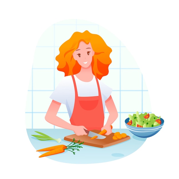 gesundes Essen. Karikatur-junges Mädchencharakter, der Karotte in Scheiben schneidet und grünen Gemüsesalat kocht