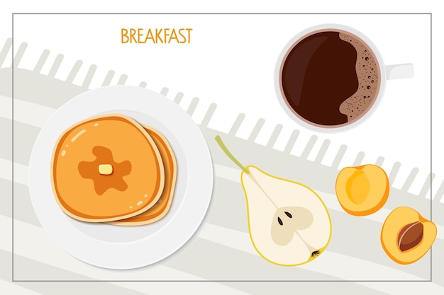 Vektor gesundes frühstück. kaffee, obst, pfannkuchen auf dem tisch. vorlage für das morgenmenü.