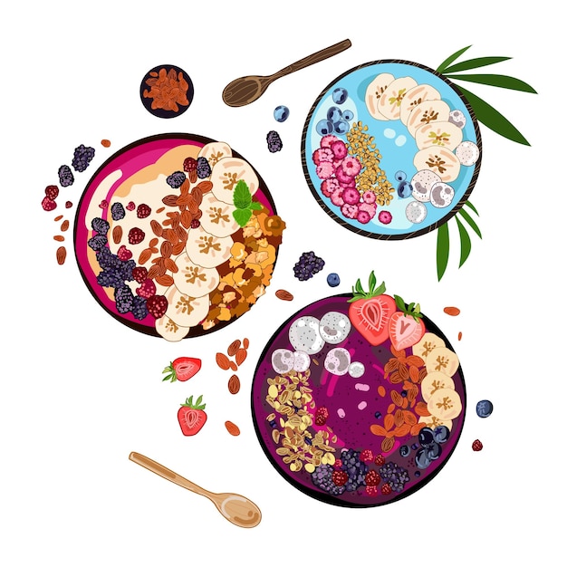 Gesundes Frühstück Smoothie-Schüsseln mit FruchtbelagVektor-Set Smoothie-Schüssel Acaibananabeeren