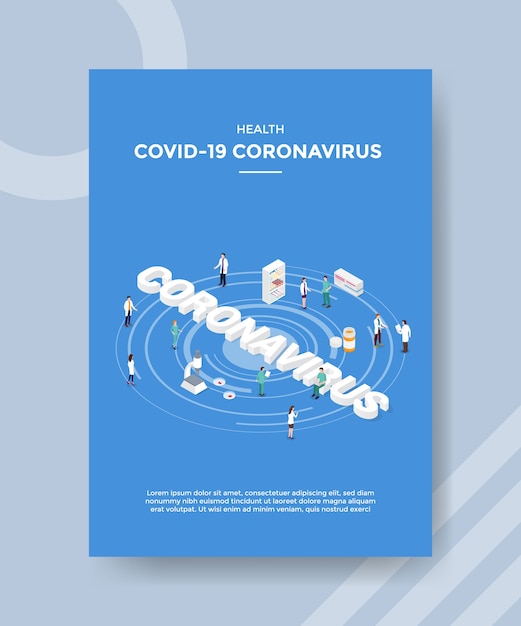 Vektor gesundheit covid 19 corona-virus menschen stehen um wort coronavirus drogenmikroskop für vorlage flyer