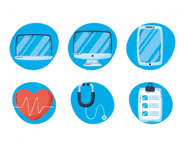 Vektor gesundheits-online-technologie mit festgelegten symbolen
