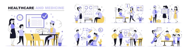 Gesundheits- und Medizinkonzept in flachem Webdesign Sammlung mit Besuchern Kinderarzt und Augenarzt machen Röntgen Flachvektor-Illustration isoliert auf weißem Hintergrund