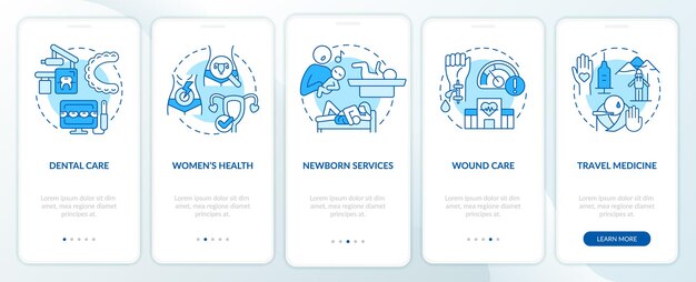 Gesundheitsdienste blauer onboarding-bildschirm der mobilen app walkthrough zur patientenversorgung 5 schritte grafische anleitungsseiten mit linearen konzepten ui ux gui-vorlage myriad probold regelmäßige schriftarten verwendet