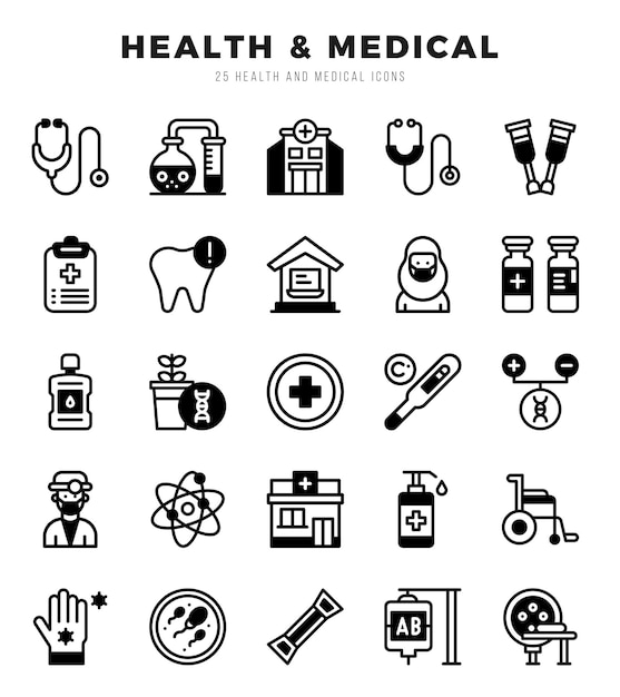 Gesundheitsmedizinische Ikonen Pack Lineal-Füll-Stil Vektor-Illustration