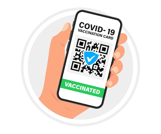 Gesundheitspass mit QR-Code auf dem Smartphone-Bildschirm. Hand, die Smartphone mit Impfausweis hält. Reisekonzept während des COVID-19-Ausbruchs. Die geimpfte Person nutzt Apps mit QR-Code