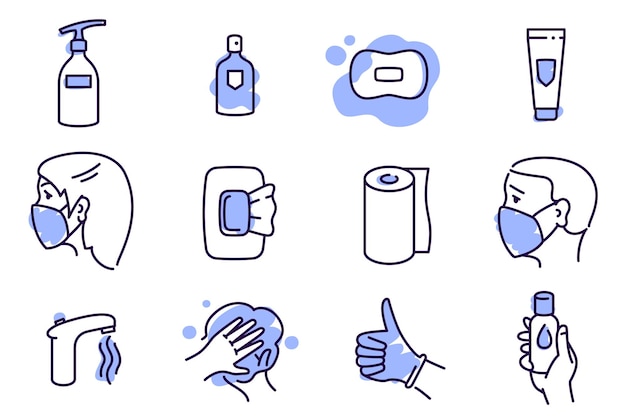 Vektor gesundheitsschutzsymbole setzen seifengelflaschen, die servietten und andere hygieneprodukte reinigen