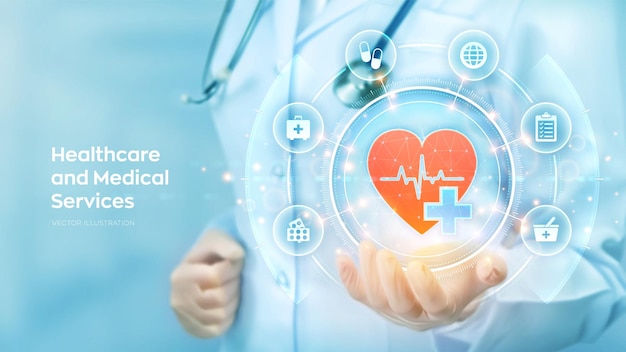 Gesundheitswesen medizinische dienstleistungen arzt hält in der hand rote herzform und medizinische symbol-netzwerkverbindung auf virtuellem bildschirm gesundheitswesen medizin-technologie-netzwerk-konzept vektor-illustration