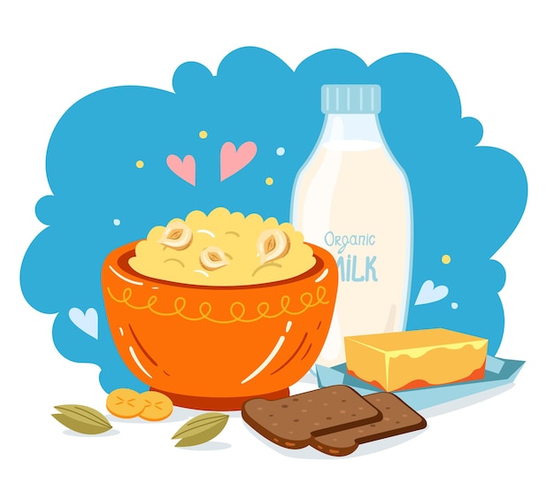 Getreide-Milch-Frühstück mit schwarzem Teig, Früchten, Butter, Beeren, Milch, Kunst, einfacher Stil